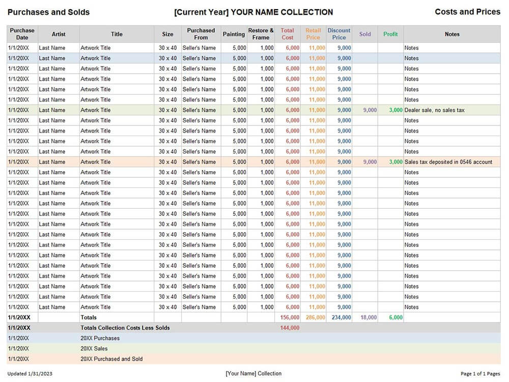 Greg Colley Art Advisory Collection Spreadsheet