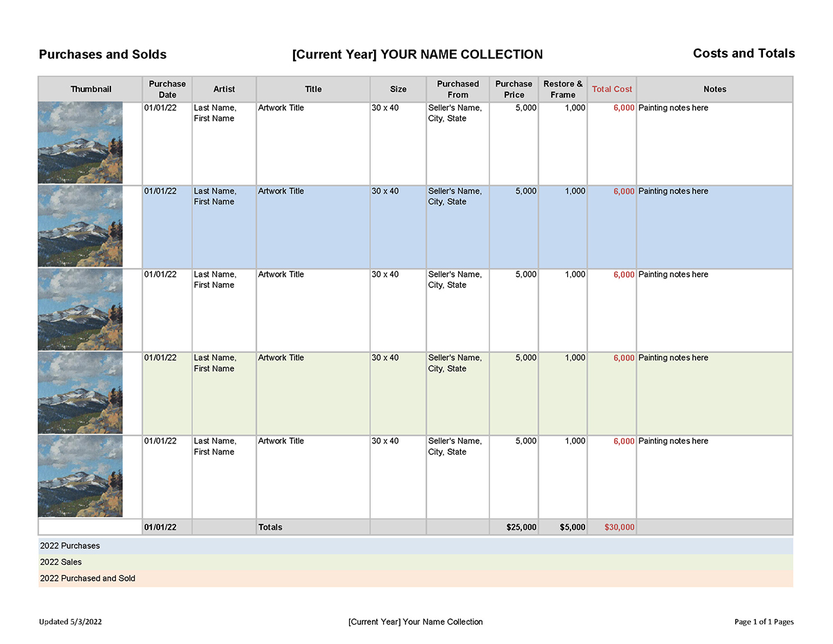 Sample Microsoft Excel® artwork spreadsheet with painting photos