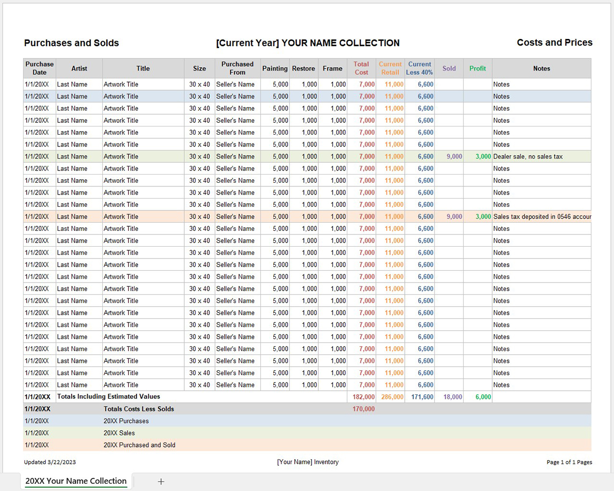 Sample Microsoft Excel® artwork spreadsheet
