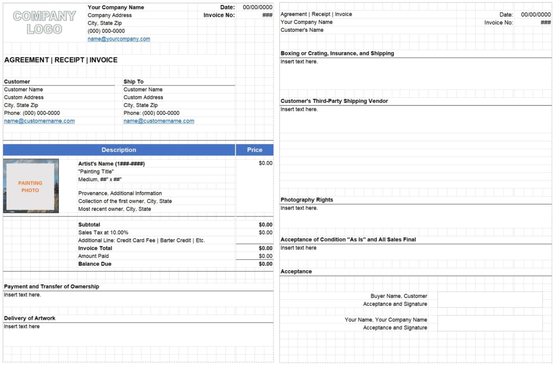 Sample Custom Excel Agreement, Receipt, or Invoice