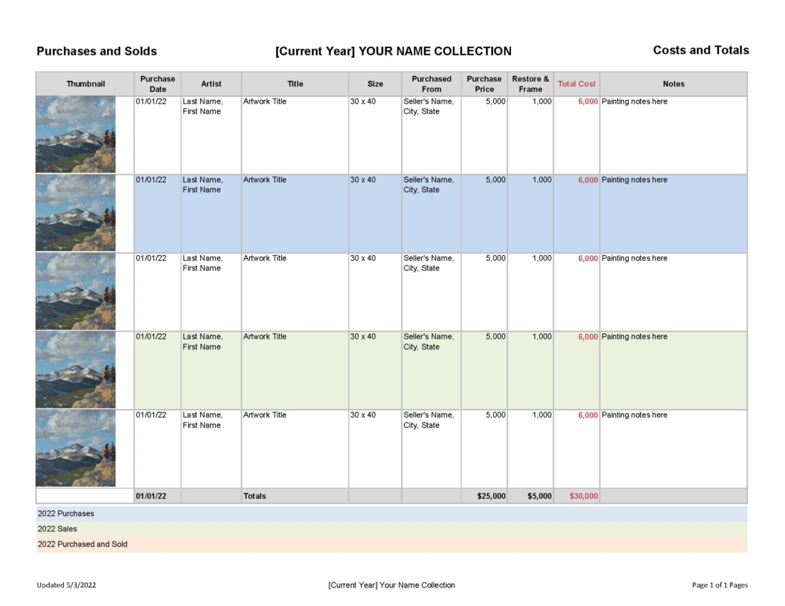 Sample Art Inventory or Art Collection Spreadsheet with Photos