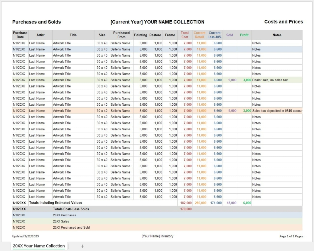 Sample Custom Art Inventory or Art Collection Spreadsheet